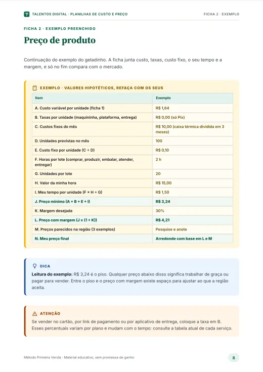 Página das Planilhas de Custo e Preço do curso Renda Extra em Casa: ficha de preço de produto com exemplo preenchido